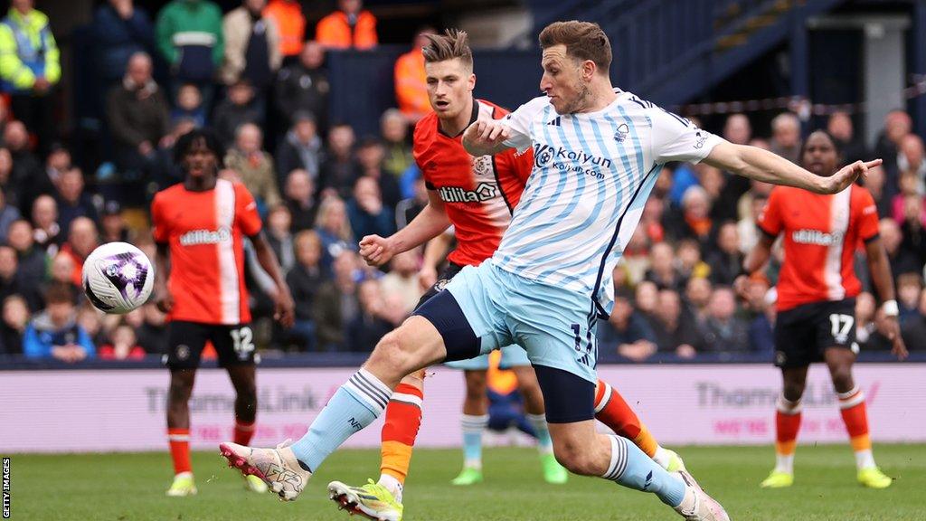 Chris Wood scores for Nottingham Forest at Luton in the Premier League