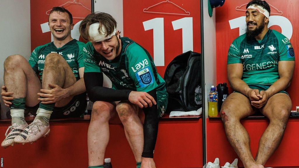 Jack Carty, Mack Hansen and Bundee Aki look happy after Connacht's win over Ulster last weekend