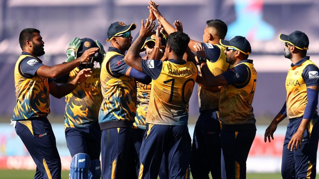 Sri Lanka celebrate after taking the wicket of Vikram Singh of the Netherlands