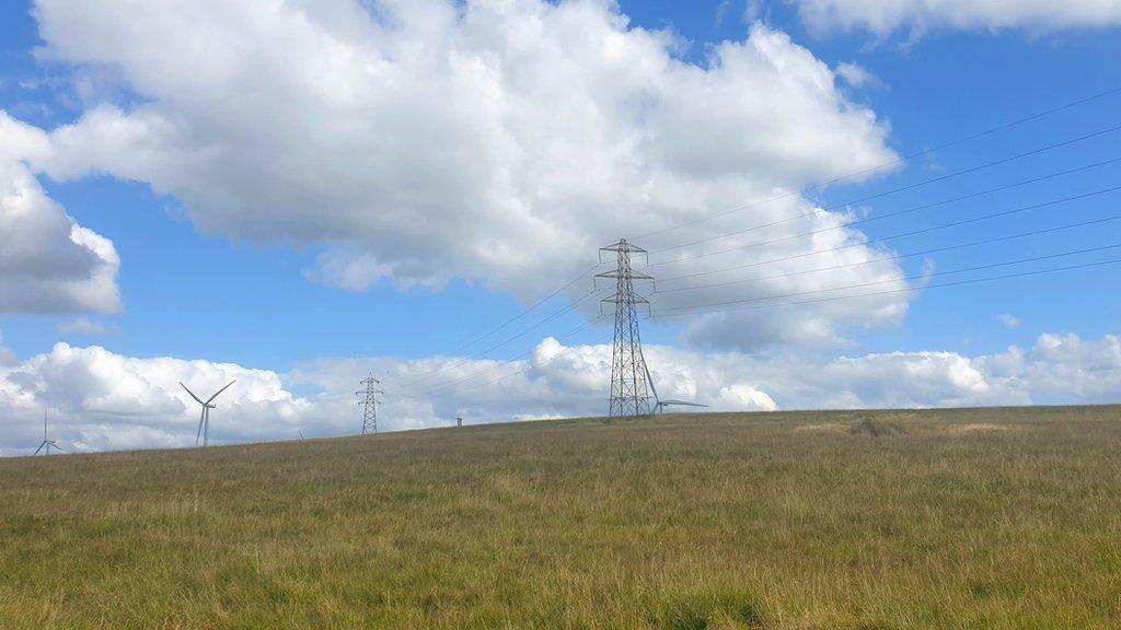 Pylons and wind turbines