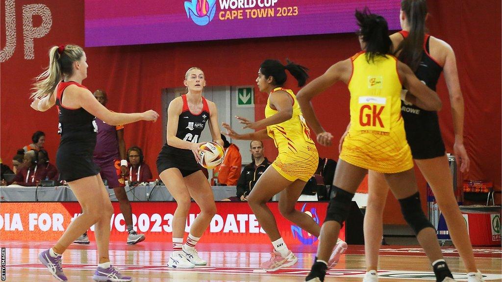 Phillipa Yarranton of Wales in action during the Netball World Cup 2023 Pool C match against Sri Lanka