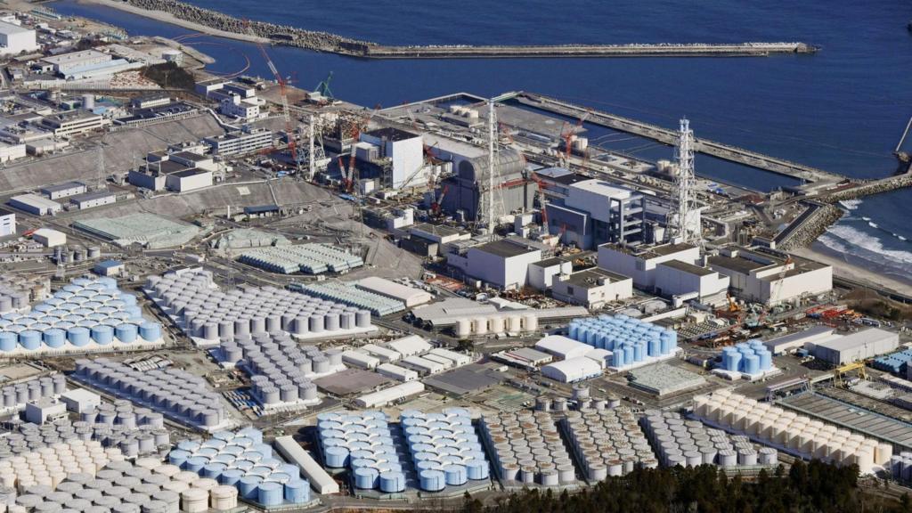 An aerial view of storage tanks for treated water at the Fukushima Daiichi nuclear power plant in Okuma