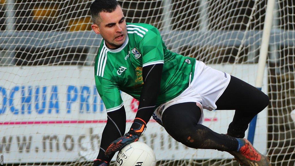 Raymond Galligan gets down to save a penalty against Laois