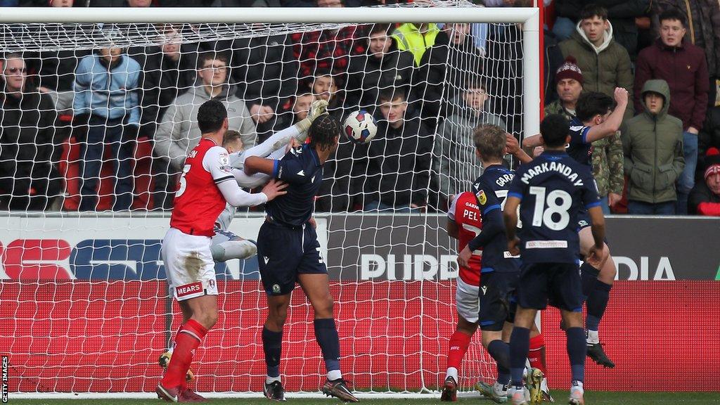 Shane Ferguson scores Rotherham's third goal against Blackburn