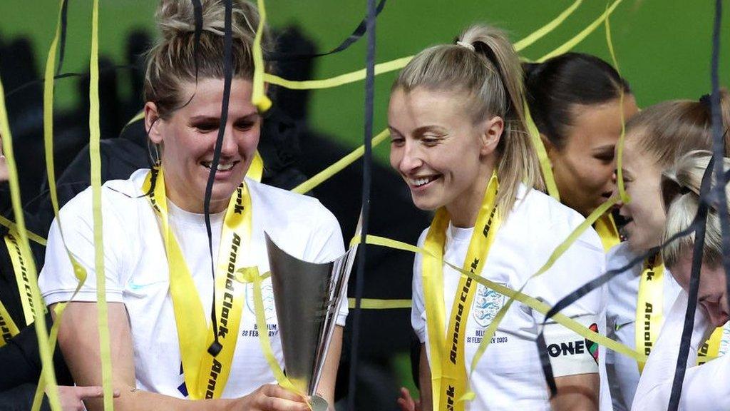 Millie Bright and Leah Williamson celebrate