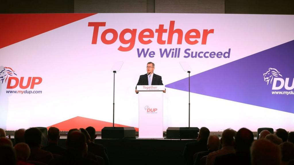 Sir Jeffrey Donaldson addresses the DUP party conference in Belfast