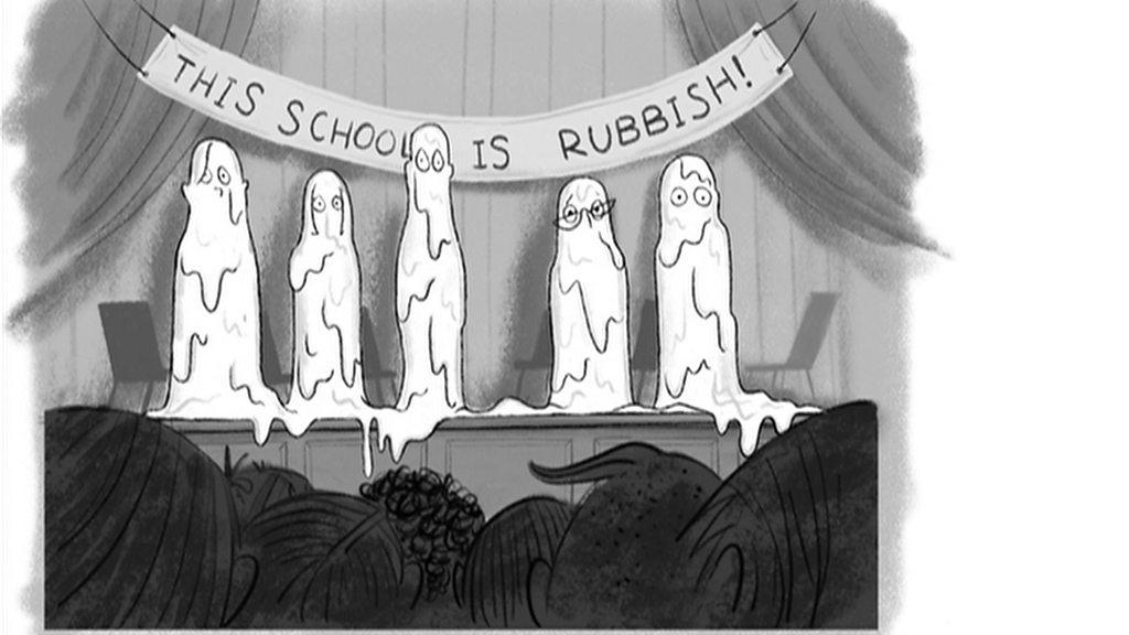 A cartoon picture from the book with text saying 'this school is rubbish'