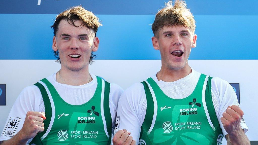 Ross Corrigan, left, and Nathan Timoney of Ireland celebrate after winning bronze in the Men's Pair Final