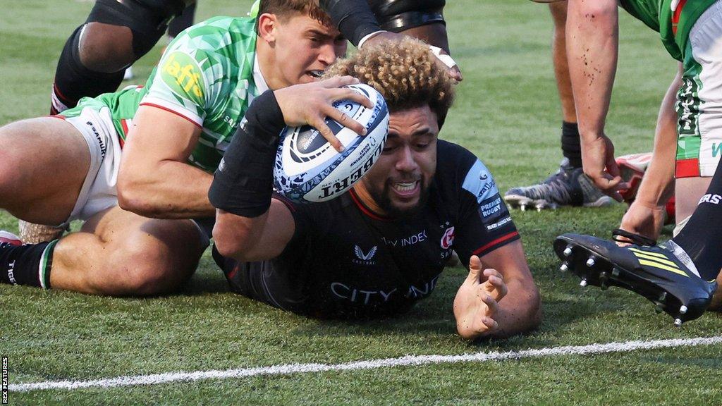 Andy Christie scores a try against Leicester