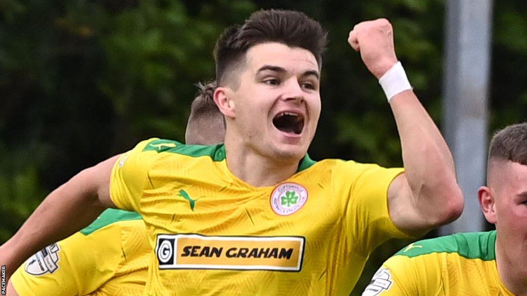 Daire O'Connor celebrates scoring for Cliftonville against Larne in the 2021 European play-offs final