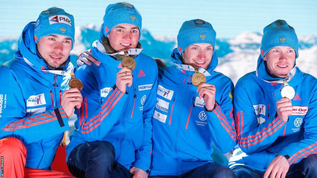 Russia celebrate winning gold in the 4 x 7.5 km relay at the 2017 Biathlon World Championships in Hochfilzen