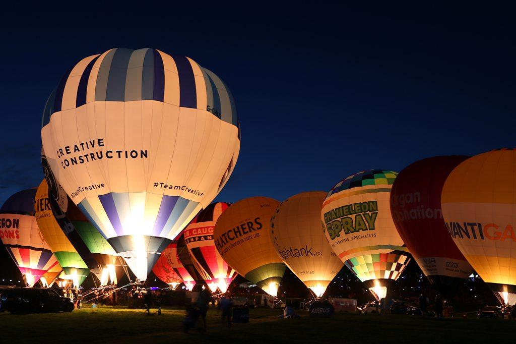 The hot air balloons at the night glow