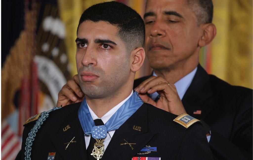 President Obama presents the Medal of Honor to Capt Florent Groberg for his heroic actions during service in Afghanistan