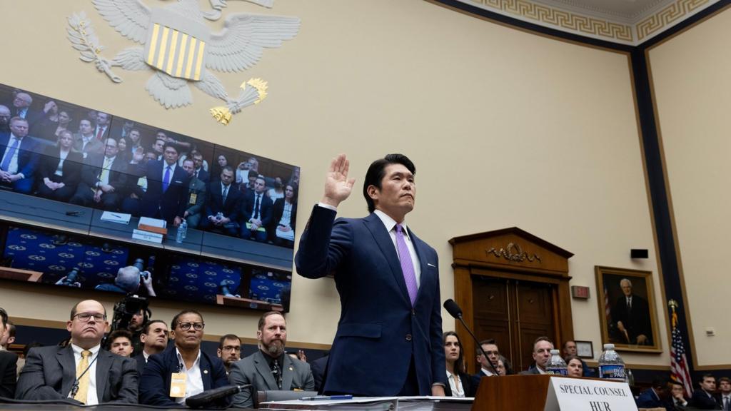 Special counsel Robert Hur is sworn in to testify before the House Judiciary Committee hearing on 'the report of Special Counsel Robert Hur', on Capitol Hill in Washington, DC, USA, 12 March 2024. Special counsel Robert Hur testifies before the House Judiciary Committee on the findings of the investigation into US President Joe BidenÕs handling of classified documents. HurÕs report did not recommend criminal charges but his portrayal of Biden raised questions on the President's mental faculties.