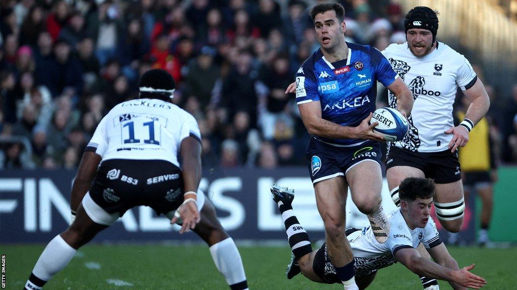 Bordeaux Begles wing Damian Penaud in action with the ball in his grasp