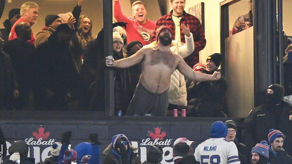 Jason Kelce celebrating shirtless after a Kansas City Chiefs touchdown