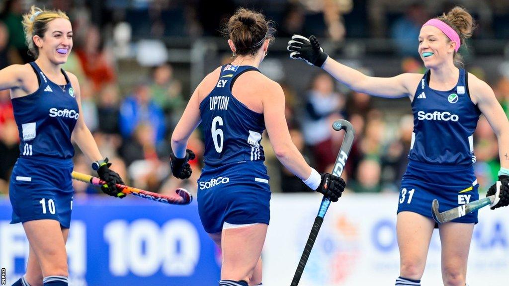 Roisin Upton celebrates scoring Ireland's fifth goal with team-mates