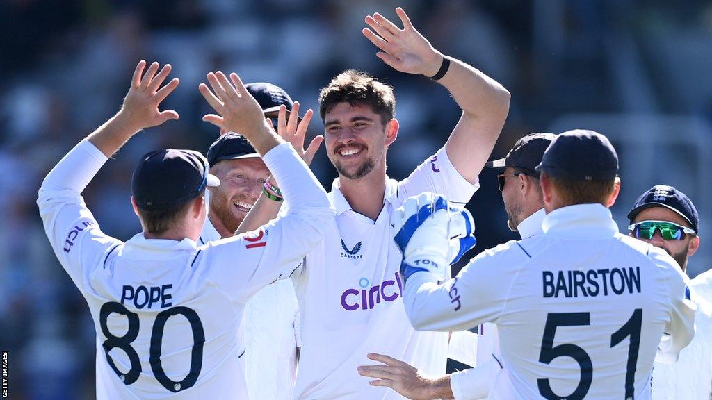 Josh Tongue celebrates a wicket against Ireland