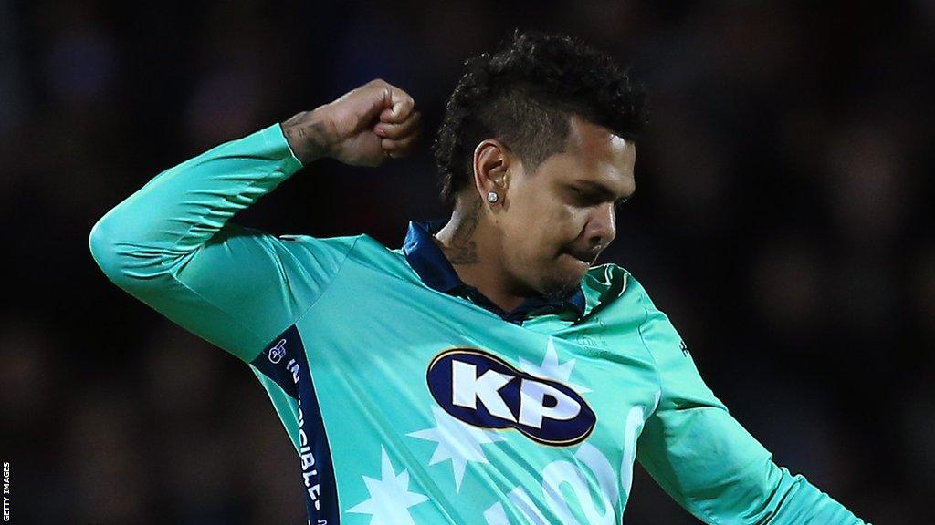 Sunil Narine celebrates taking a wicket for Oval Invincibles