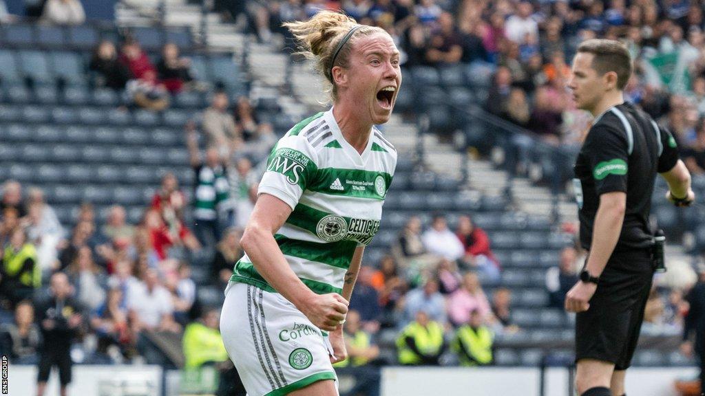 Celtic's Claire O'Riordan scores to make it 2-0 during the Women's Scottish Cup Final match between Celtic and Rangers at Hampden Park