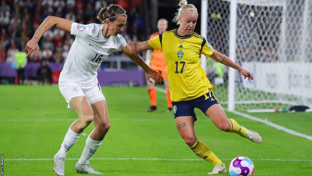 Caroline Seger playing against England at Euro 2022