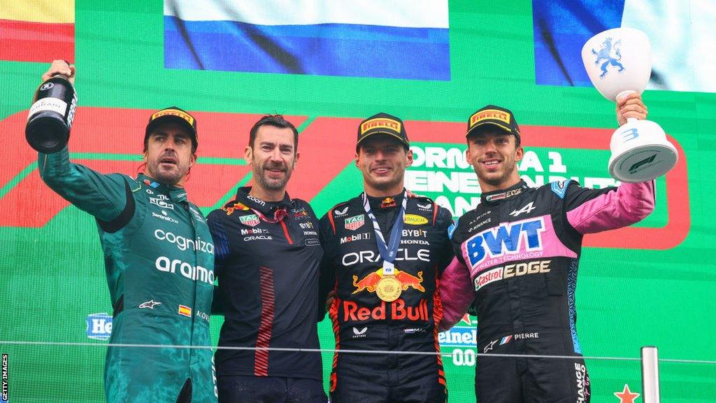 Fernando Alonso, Max Verstappen and Pierre Gasly on the podium