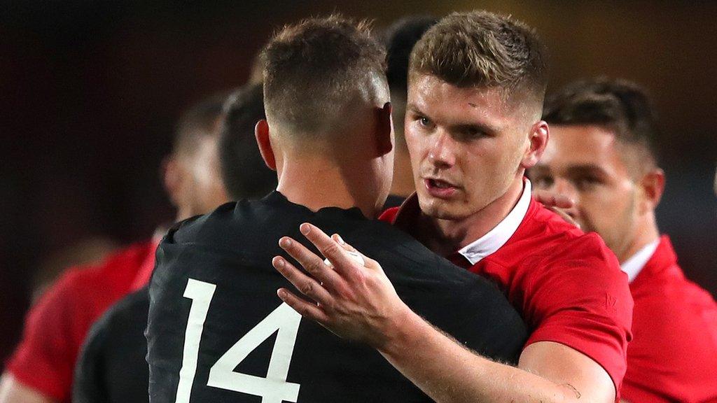 Lions 10 Owen Farrell congratulates All Blacks winger Israel Dagg