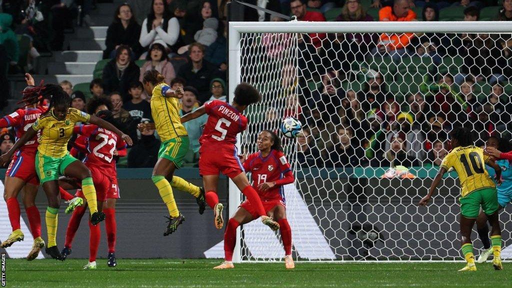 Jamaica captain Allyson Swaby scores a header from close range against Panama at the 2023 Fifa Women's World Cup in Perth