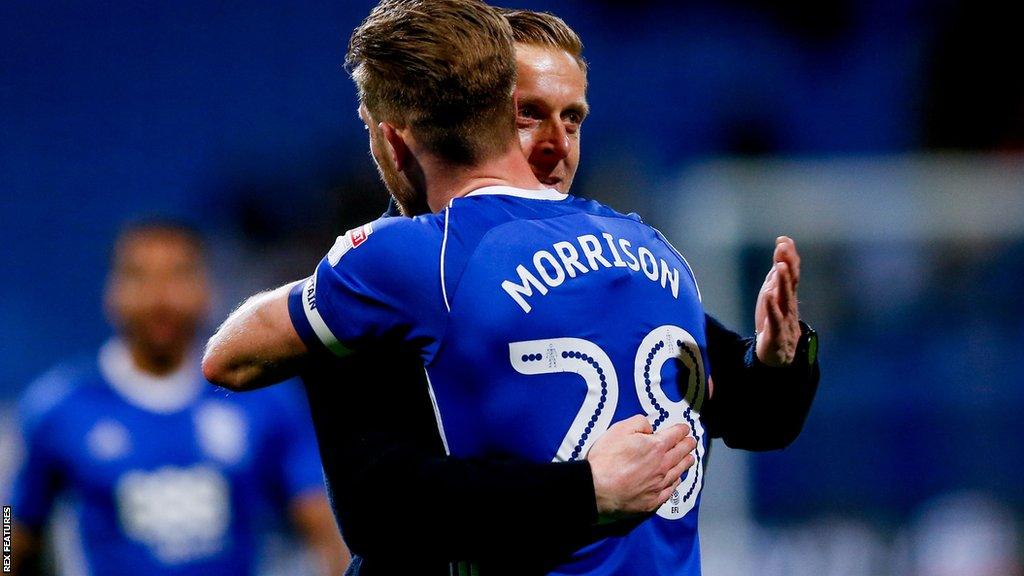 Garry Monk congratulates Michael Morrison following Birmingham's win at Bolton in April 2018