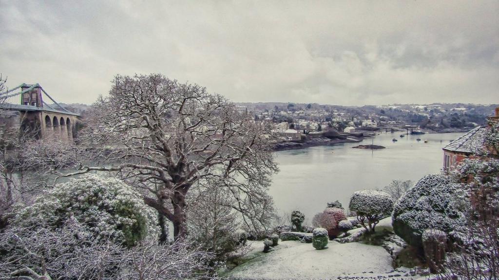 Snow over Menai Strait