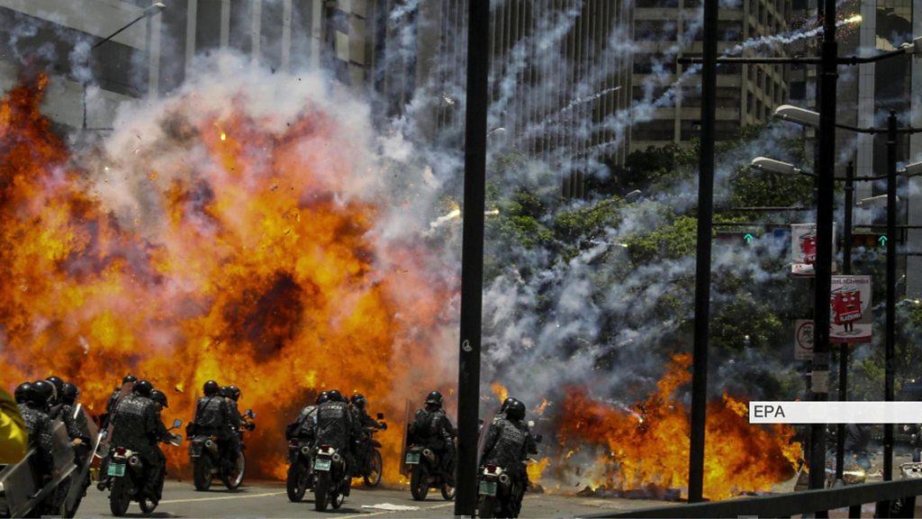 Police on motorbikes are targeted by an explosion