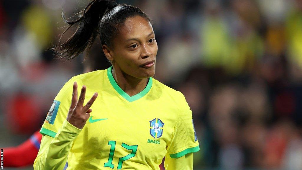 Brazil's Ary Borges celebrating her hat-trick goal