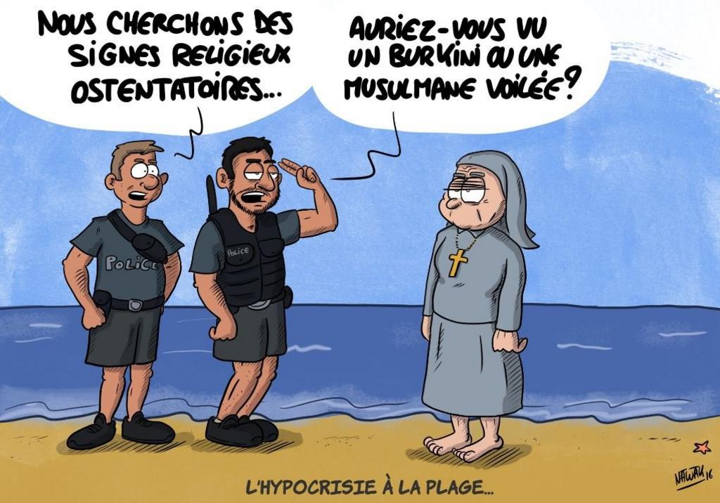 Cartoon showing police and a nun on the beach