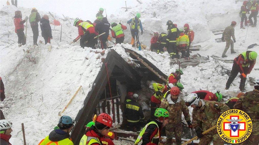 Rescue workers search around the Hotel Rigopiano in Farindola.