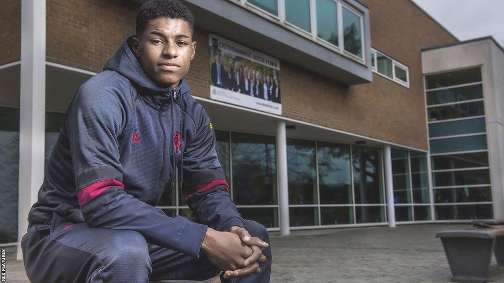 Marcus Rashford outside Ashton on Mersey Sixth Form in March 2016