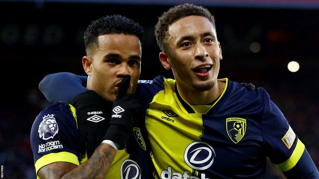 AFC Bournemouth's Justin Kluivert celebrates scoring their second goal at Sheffield United with Marcus Tavernier