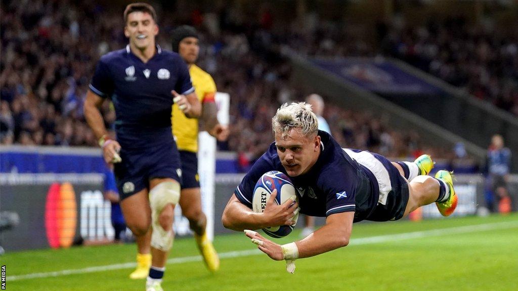 Darcy Graham scores a try for Scotland against Romania