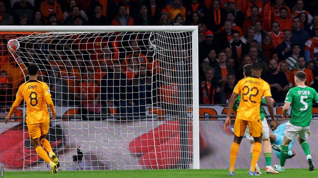 The net bulges as Wout Weghorst smashes in an early opener for Netherlands