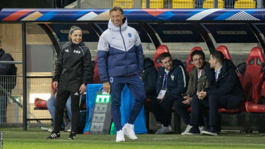 Herve Renard watches on from the dugout during a France match