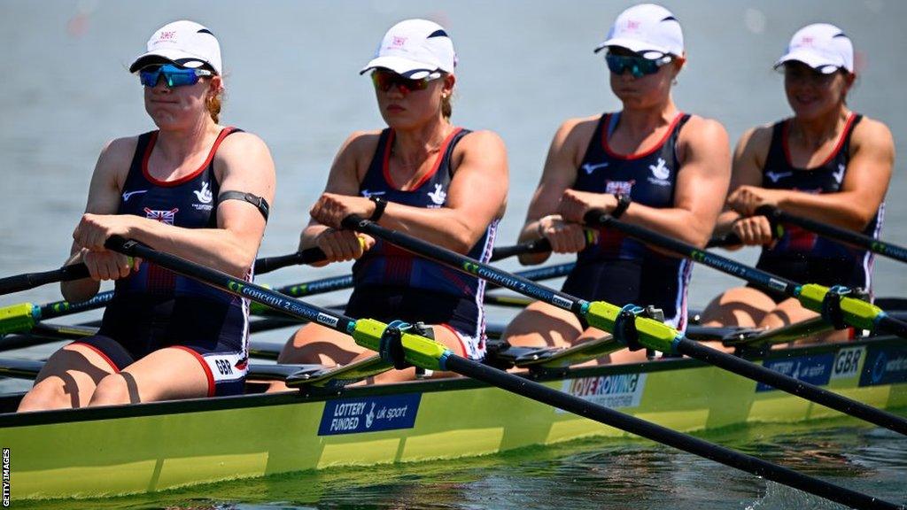 Hannah Scott and her GB women's quad sculls crew mates in action at the World Cup regatta in Varese in June