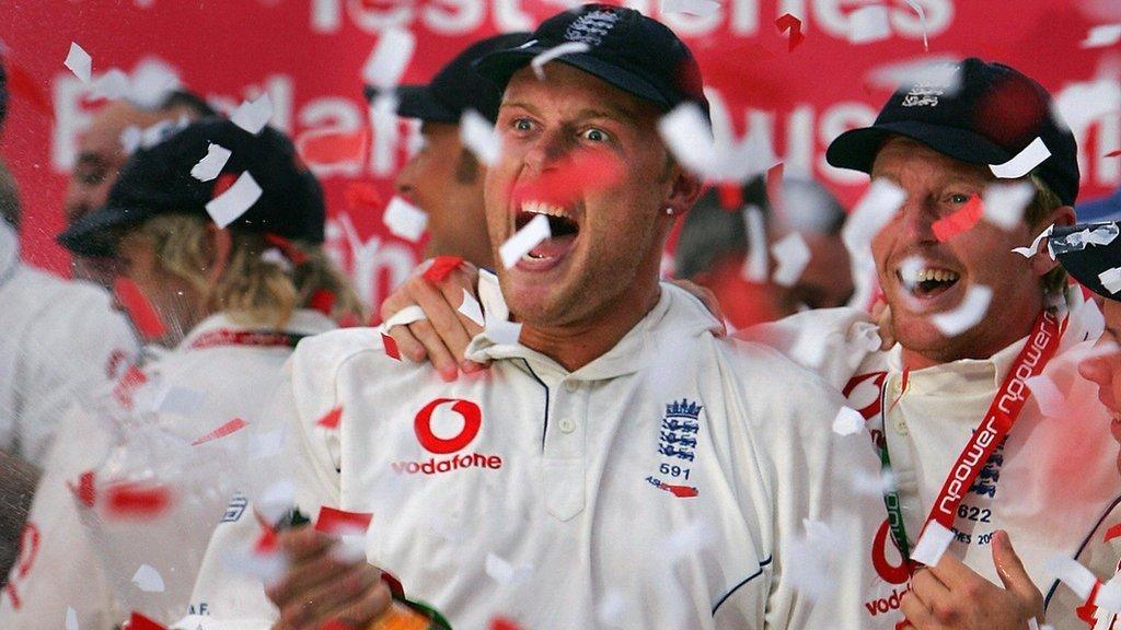 Andrew Flintoff spraying champagne to celebrate England's 2005 Ashes win