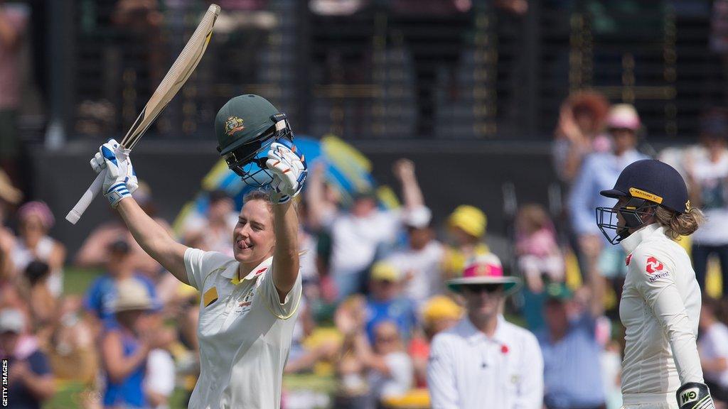 Australia Ellyse Perry celebrates hitting a double century against England in the 2017 Women's Ashes Test