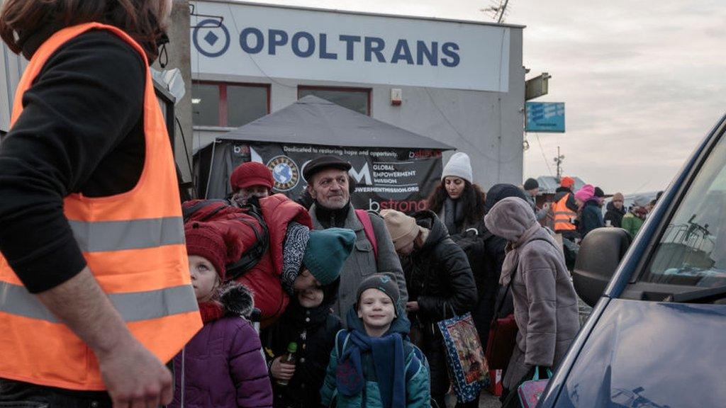 Refugees gathered at the Polish border