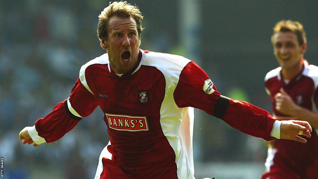 Paul Merson celebrates scoring for Walsall