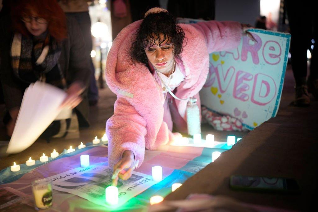 People attend a candlelit vigil in memory of 16-year-old Brianna Ghey on February 14, 2023 in Liverpool, England