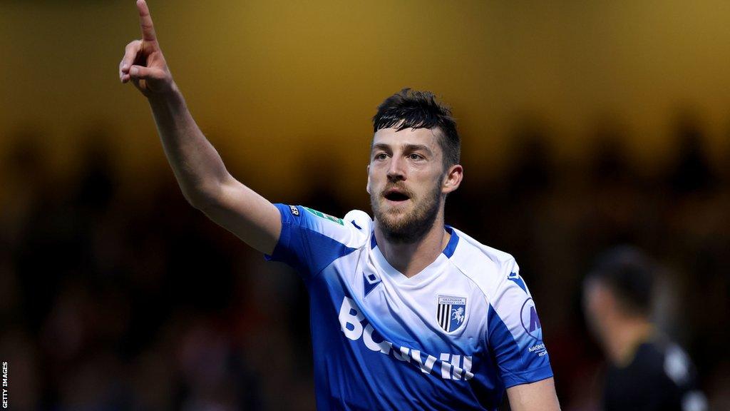 Ashley Nadesan celebrates a goal for Gillingham