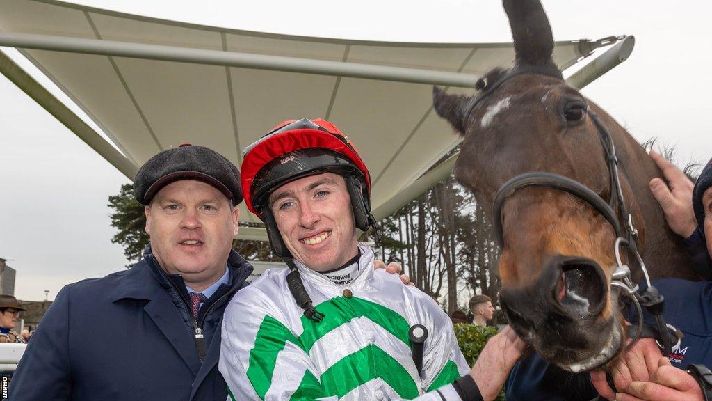 Gordon Elliott and Jack Kennedy after Found A Fifty's win in the Grade One on the opening day of the Leopardstown Christmas Festival