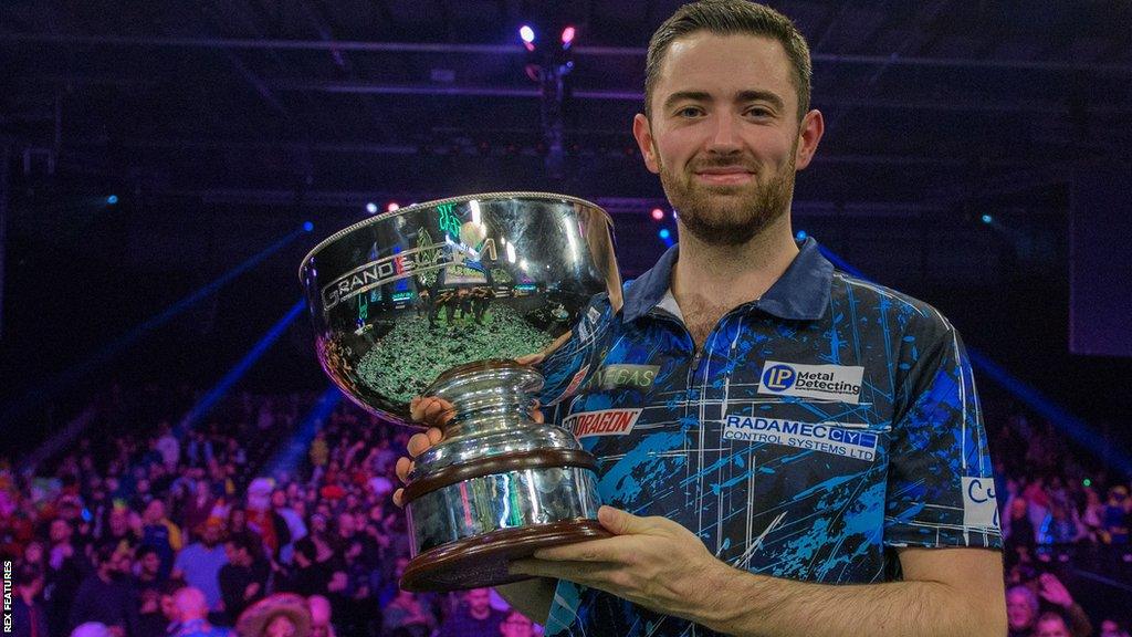 Luke Humphries holds the Grand Slam of Darts trophy