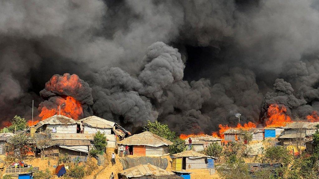 A fire breaks out in the Rohingya refugee camp in Balukhali in Cox's Bazar