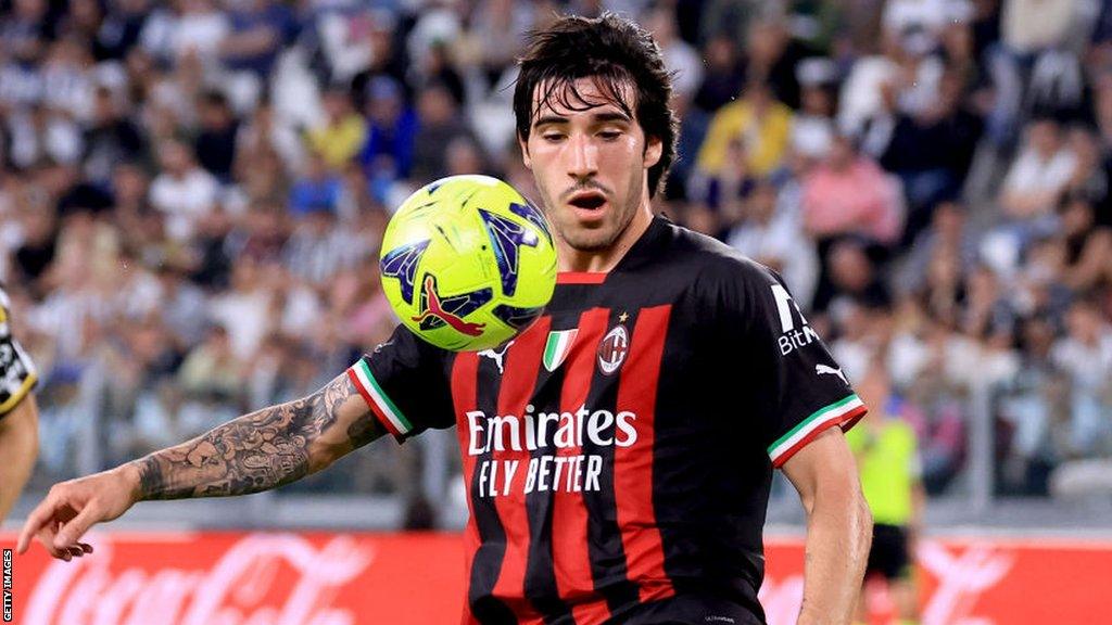 Sandro Tonali of AC Milan in action during the Serie A match between Juventus and AC Milan